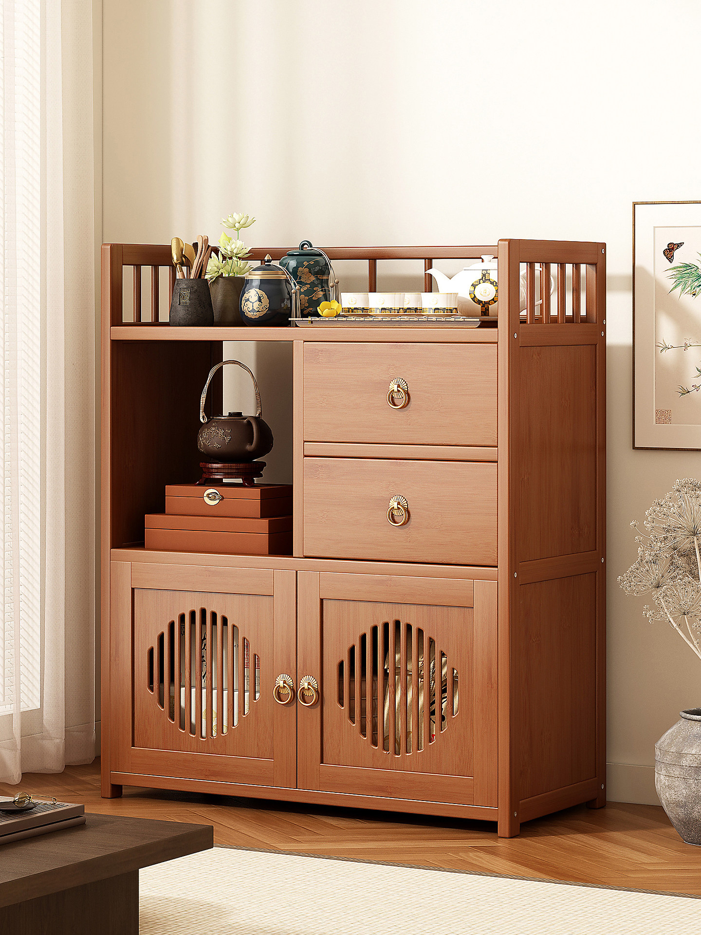 茶室茶柜置物架中式茶叶茶具收纳柜非实木小型博古架紫砂壶摆放架