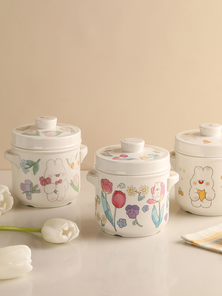 蓝莲花陶瓷蒸蛋炖蛋碗蒸鸡蛋羹专用炖盅隔水炖家用双耳带盖小汤盅