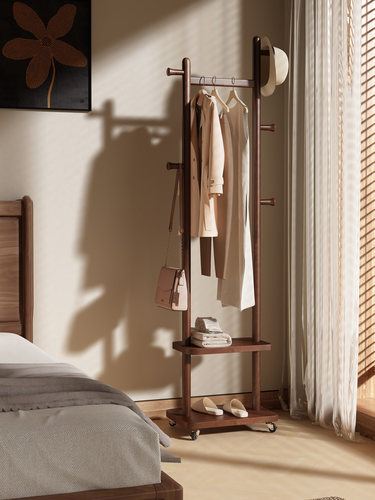 新款实木衣帽架中古风挂衣架落地卧室可移动室内晾衣服架入门衣架