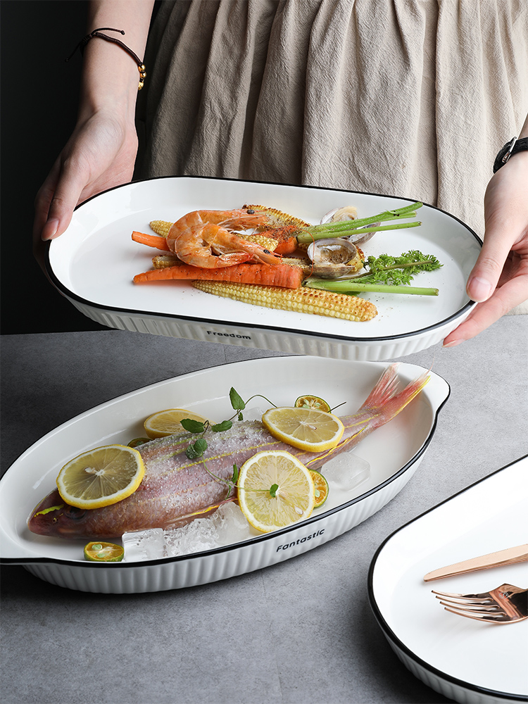 北欧创意蒸鱼盘子家用新款大号长方形陶瓷装鱼盘菜盘烤鱼盘餐盘