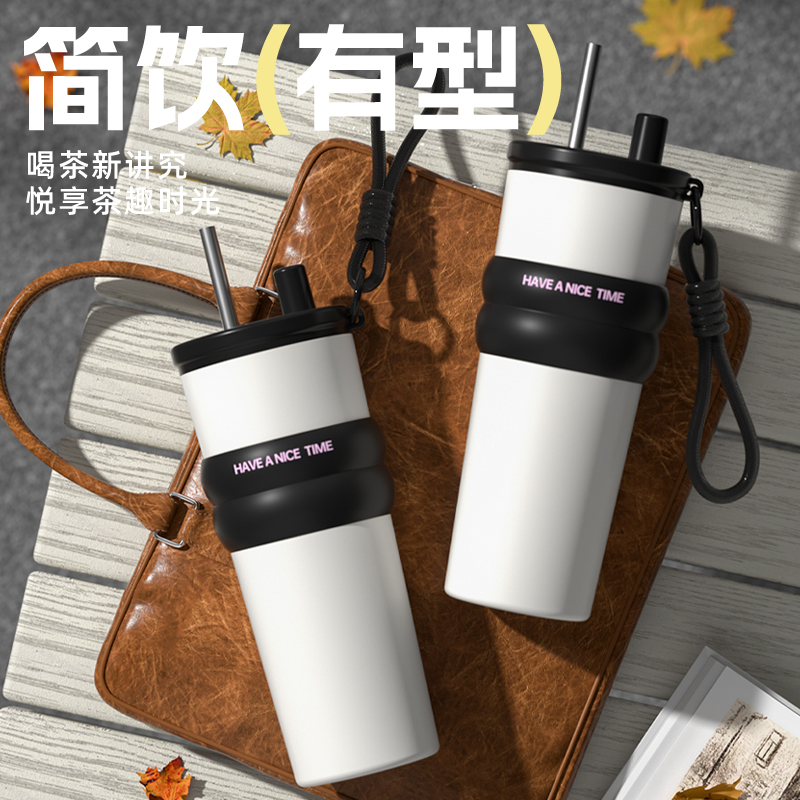 不锈钢吸管保温杯陶瓷内胆咖啡杯男女生车载大容量水杯随行杯子