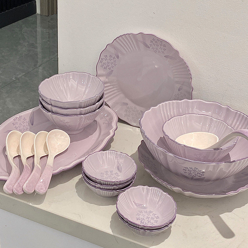 丽桑卓紫色餐具套装碗盘高级感清新碗碟碗具碗家用2025新款高颜值