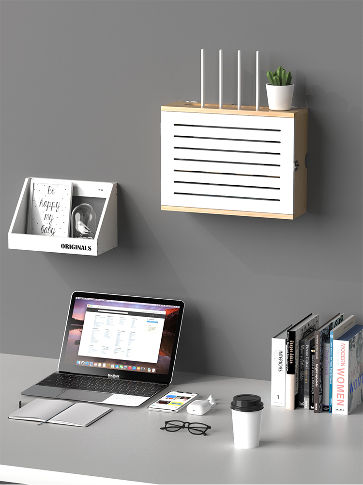 加厚原木多媒体箱遮挡盒wifi无线路由器光猫排插收纳盒壁挂式装饰