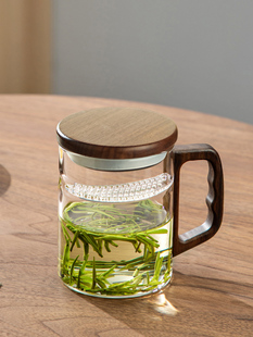 日式茶杯泡绿茶专用玻璃杯月牙杯带把手个人专用过滤办公喝水杯子