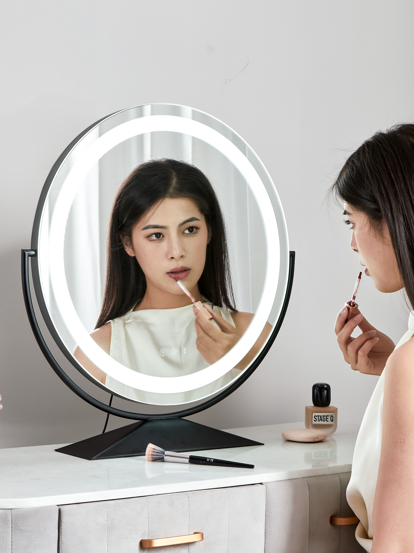 化妆镜带灯桌面台式圆形梳妆台镜子卧室美妆镜智能补光大号梳妆镜