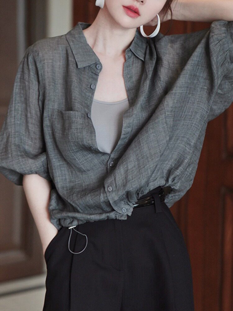 时尚防晒衬衫女夏季新款宽松设计感小众休闲百搭七分袖衬衣上衣薄