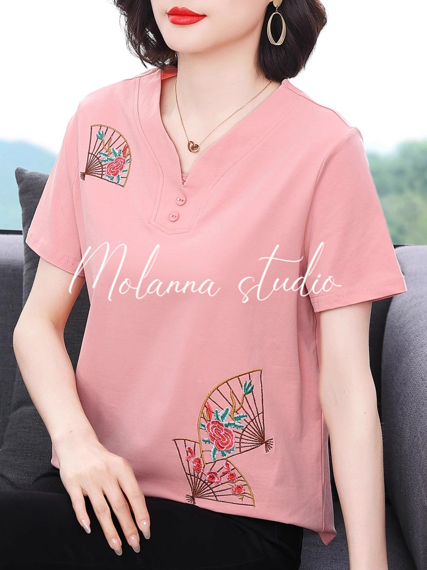 Molanna休闲刺绣短袖T恤女夏季新款宽松时尚洋气V领女士小衫上衣