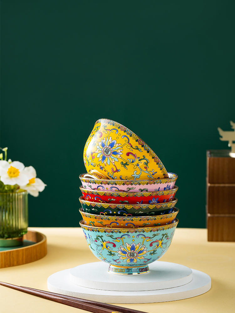 福临门珐琅彩瓷碗中式碗碟家用景德镇餐具骨瓷碗吃饭碗高档礼品碗