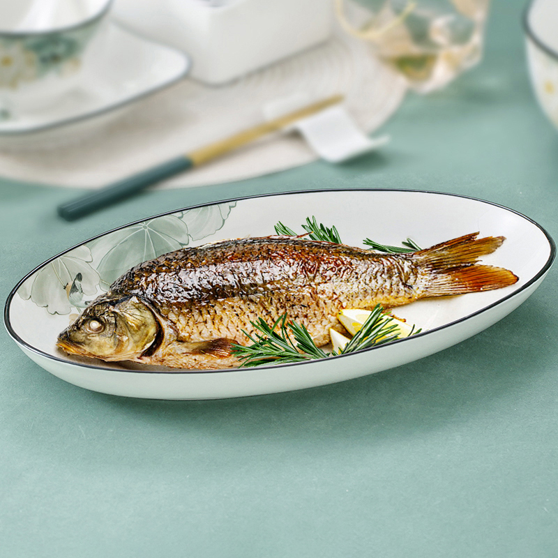 釉中彩陶瓷蒸鱼盘子新中式创意加厚可微波菜盘家用长方装鱼盘大号