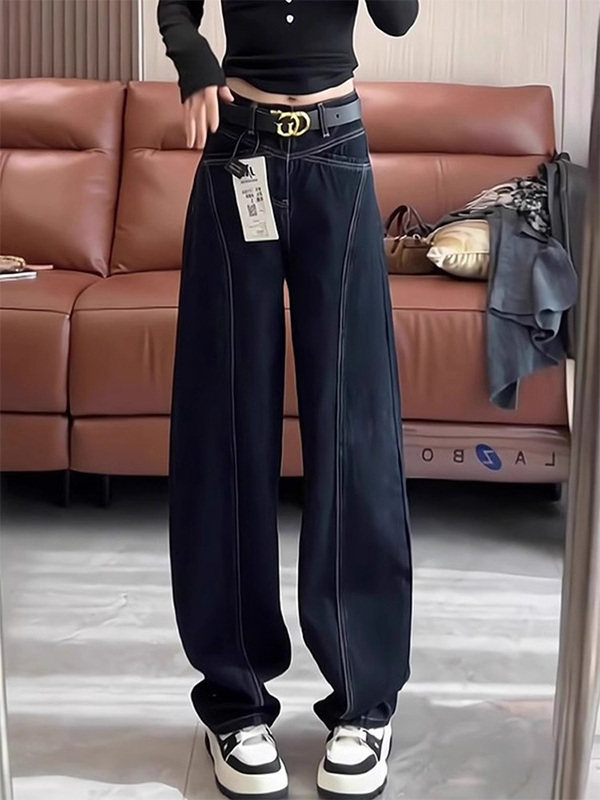 深蓝色牛仔裤女春秋欧货高腰显瘦直筒裤宽松弯刀裤垂感拖地长裤子