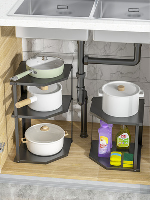 厨房转角置物架台面多层锅架下水槽厨柜内放锅架子双层锅具收纳架