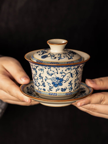 青花汝窑三才盖碗茶杯单个高档功夫茶具茶碗带盖不烫手陶瓷泡茶器