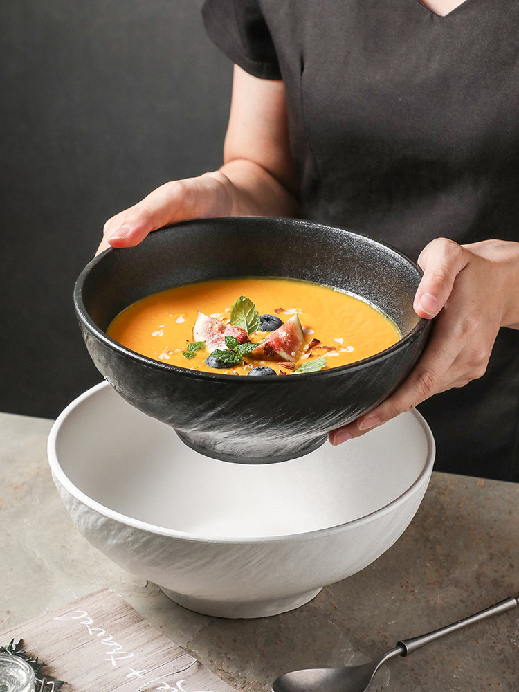 黑色轻奢陶瓷沙拉碗汤碗拉面泡面碗大饭碗磨砂石纹碗简约高级感,餐饮具,碗,淘宝优惠券,粉丝福利购,淘宝优惠卷