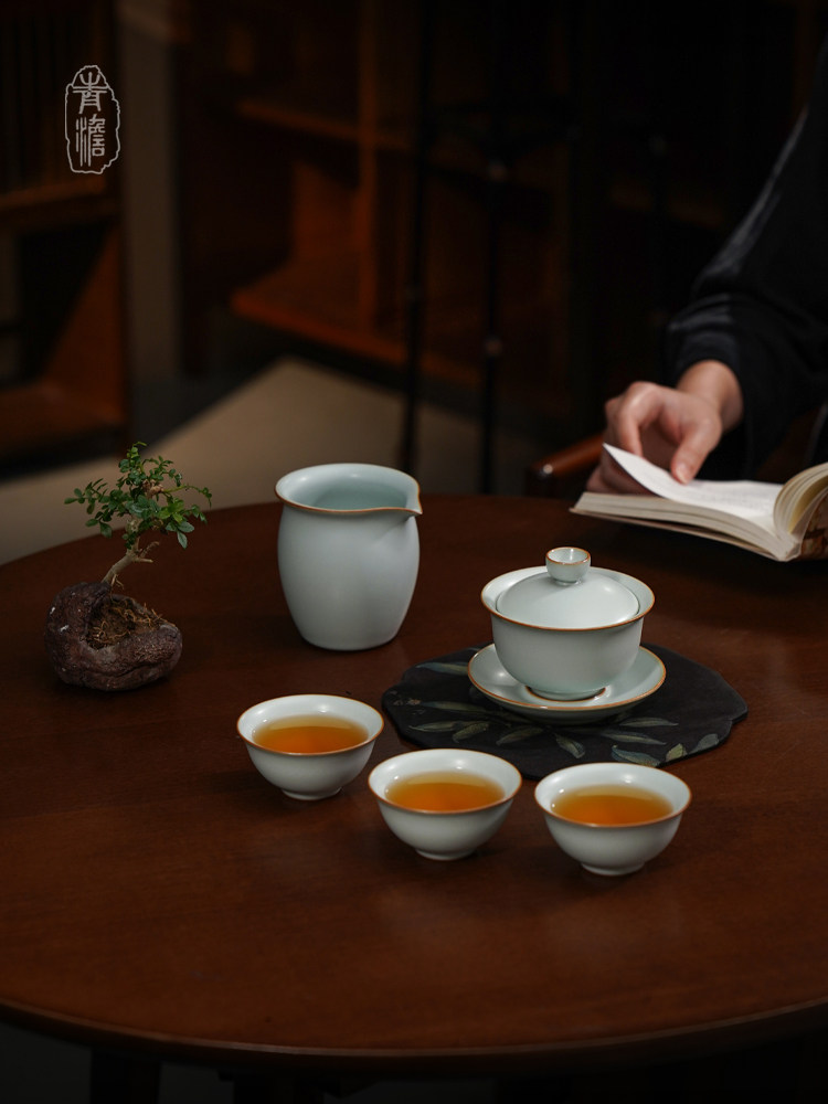 汝窑茶具套装送长辈礼品景德镇盖碗功夫茶复古瓷器随心布施茶组