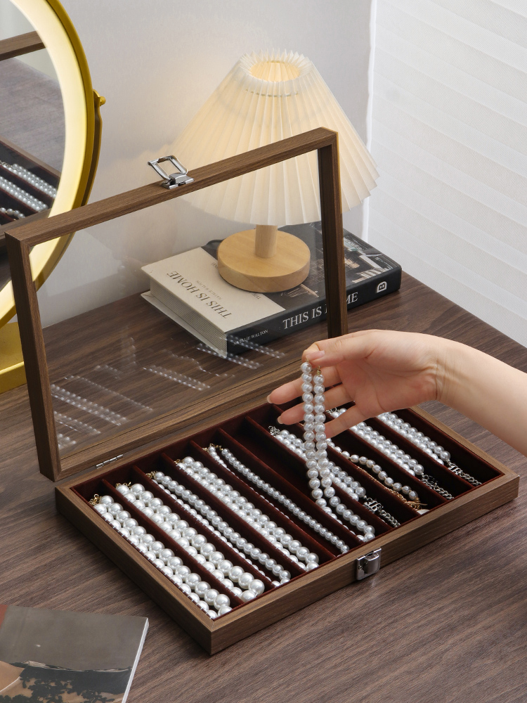 放珍珠项链收纳盒带盖玻璃防尘长手链珠子饰品粗颈链首饰盒看货盘
