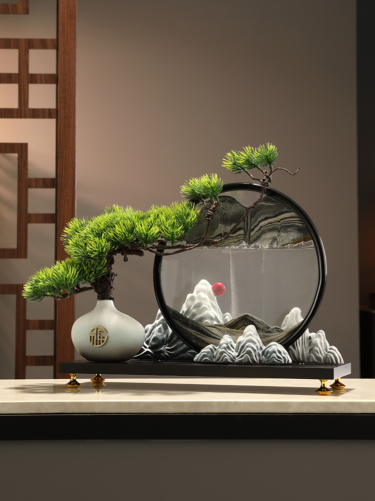 迎客松新中式客厅摆件高端大气上档次角几电视柜家具流沙画装饰品