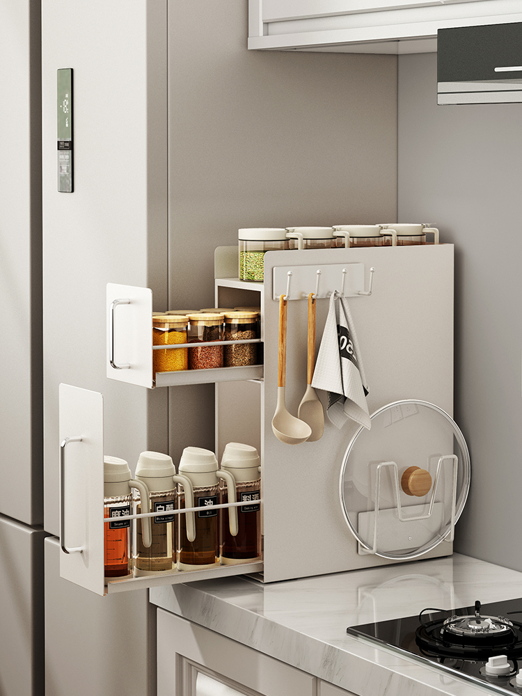 环图厨房极窄边柜转角调料置物架抽拉式家用台面调味品防尘柜子