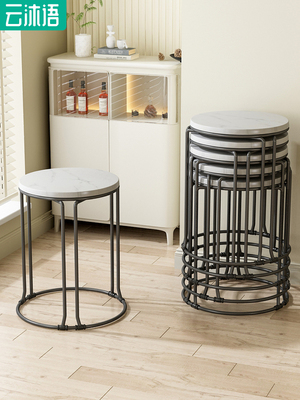 凳子可叠放圆凳家用加厚餐凳简易备用凳子商用仿岩板铁艺凳子收纳