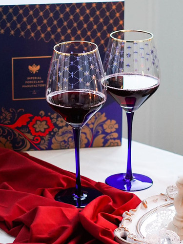 俄皇LOMONOSOV钴蓝网纹红酒杯水晶玻璃高脚杯子高档送礼新婚礼物