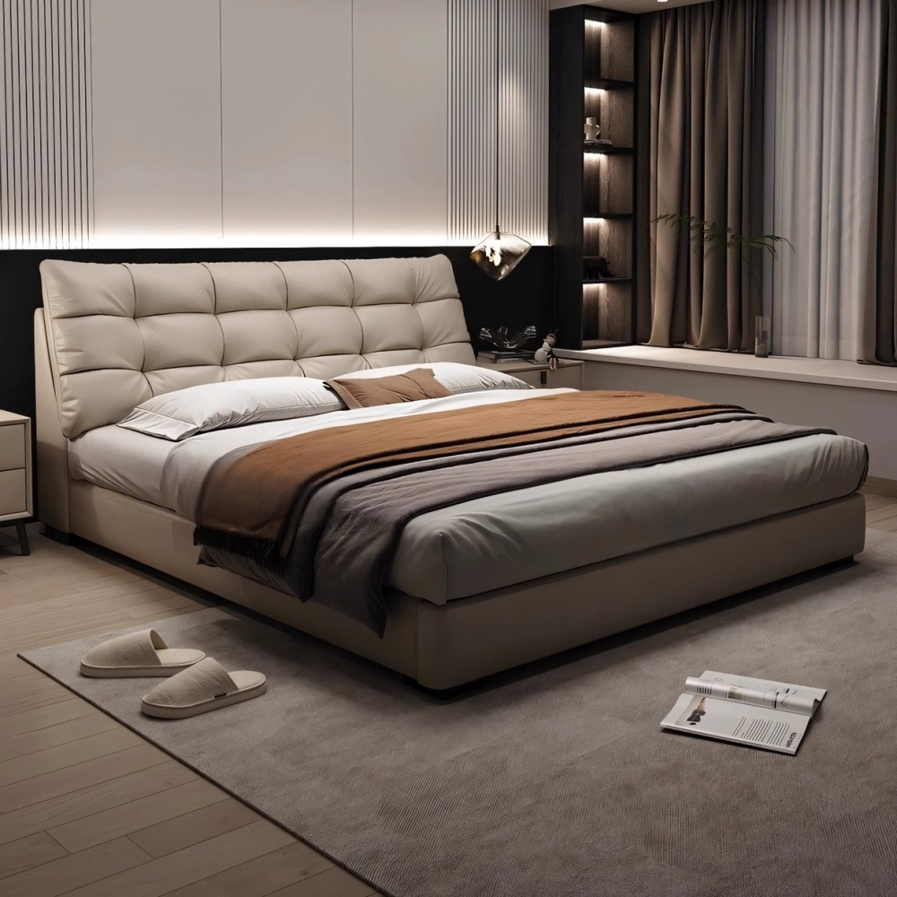 大黑熊皮床主次卧真皮床现代简约储物高箱婚床双人床1.8米软包床