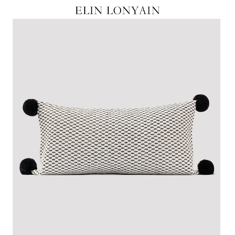 ELIN LONYAIN现代简约轻奢黑白抽象肌理兔毛球装饰靠垫抱枕长腰枕
