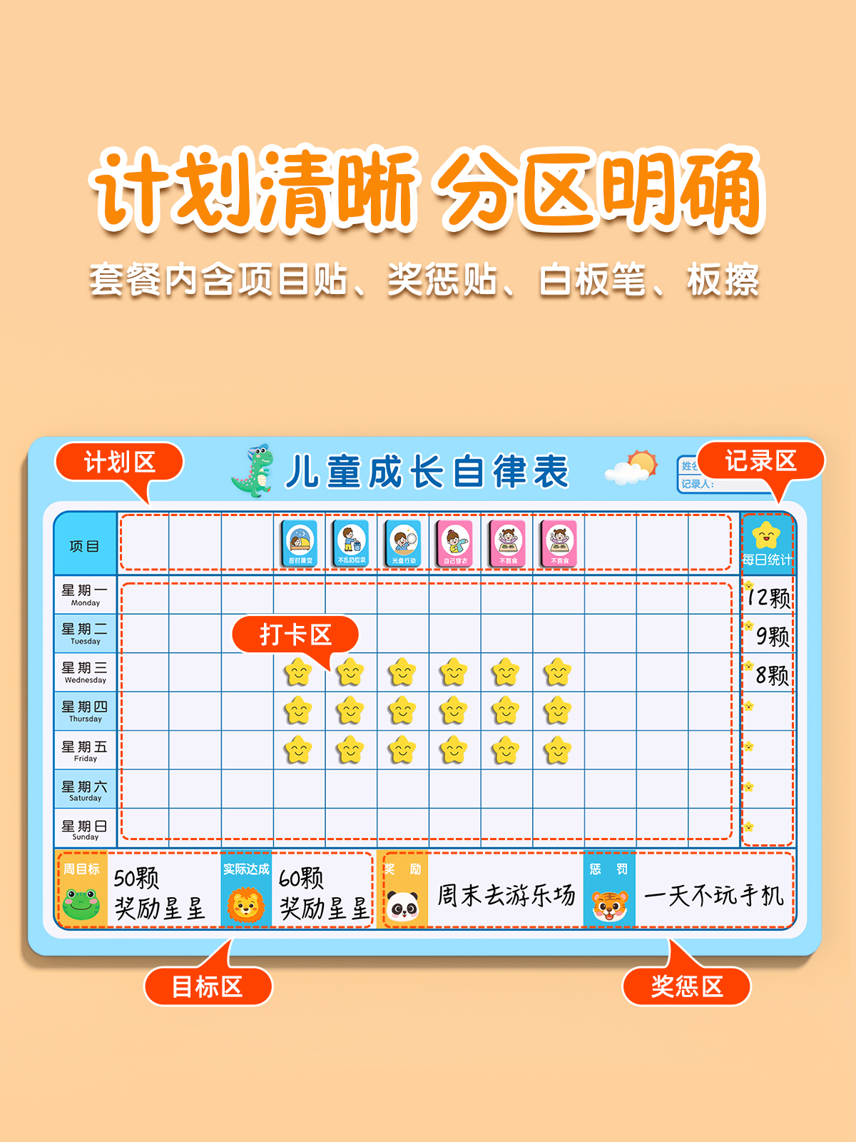 奖励贴纸积分卡孩子的阅读计划表儿童家庭版自律表成长墙贴纸暑期
