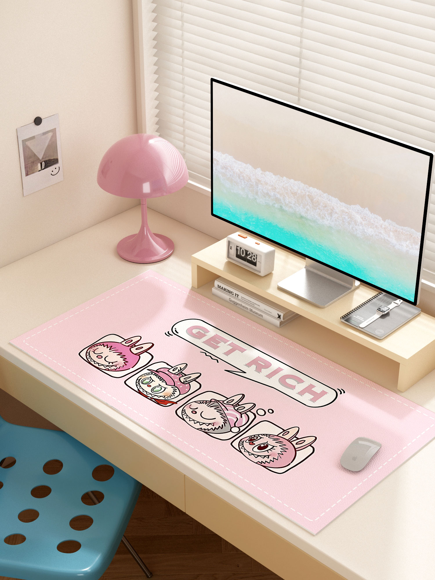 粉色labubu鼠标垫女生高颜值办公室电脑桌垫防水桌布长方形书桌垫