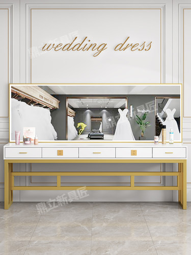 超亮带灯理发店镜台发廊专用柜子一体单面双面大理石美发店烫染桌