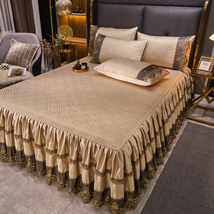 贡缎加厚床罩单件春夏新款 轻奢高档夹棉床裙三件套欧式 床套保护套