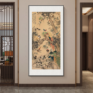 百鸟朝凤图入户玄关装饰画新中式走廊过道花鸟国画挂画茶室壁画