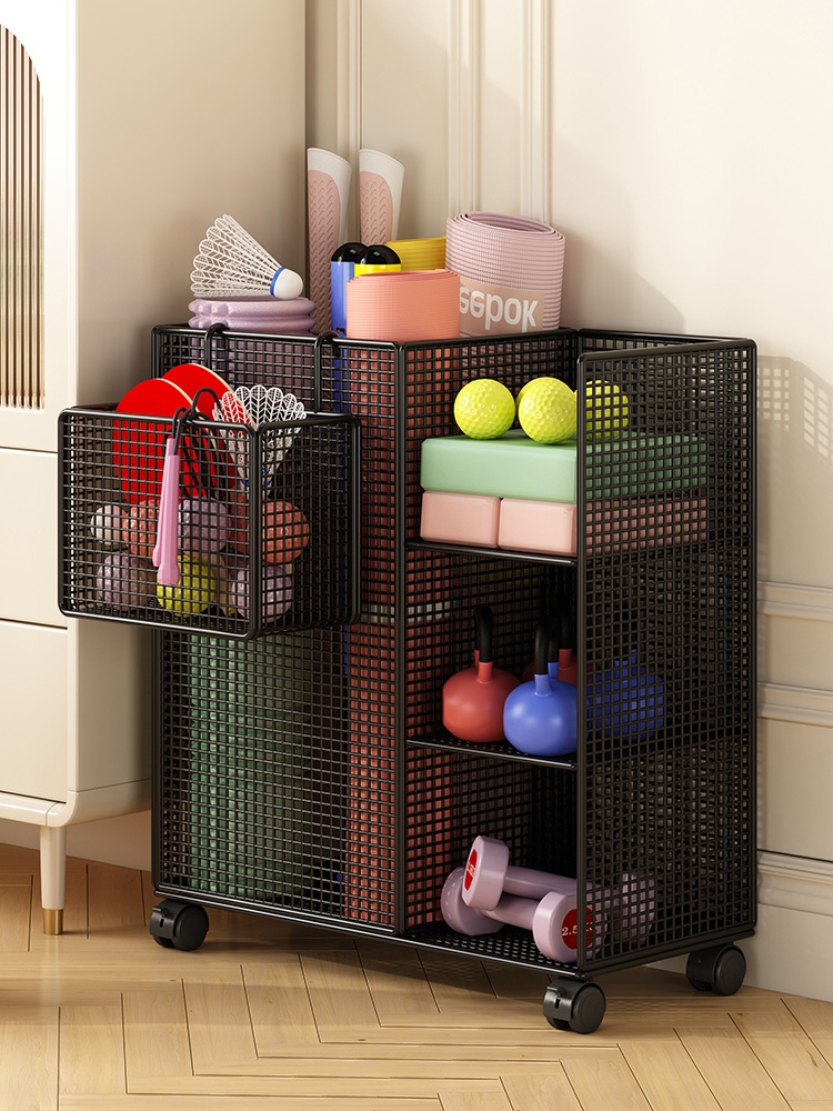 瑜伽垫收纳筐家用运动健身器材收纳神器夹缝放羽毛球置物架小推车