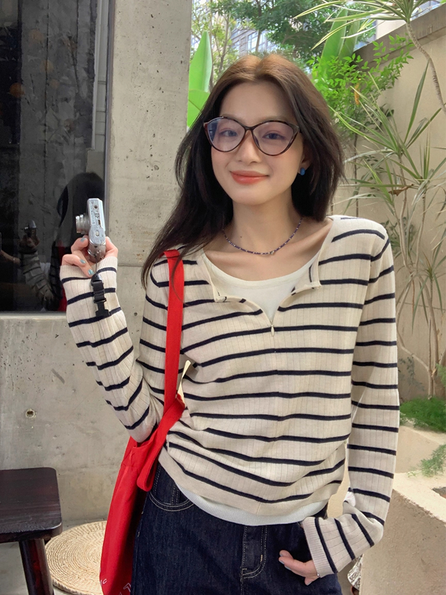 早秋半岛~慵懒风假两件条纹针织衫小个子休闲短款显瘦上衣内搭女