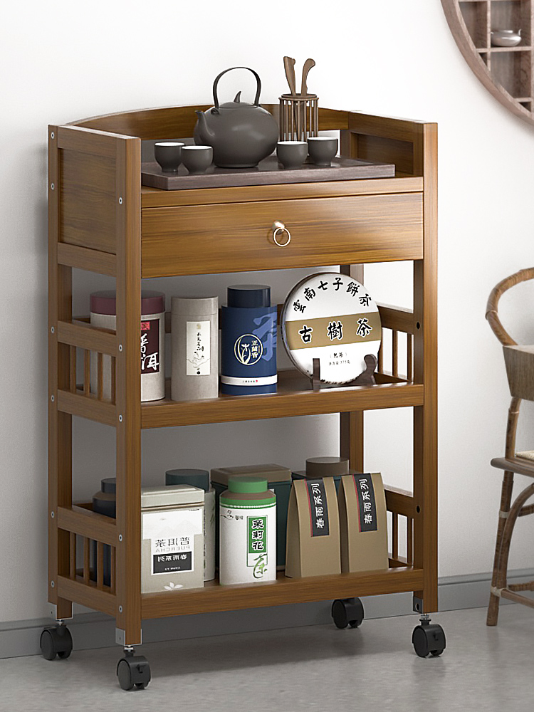 楠竹家用置物架收纳简易落地带轮收纳多层厨房推车客厅储物架茶叶