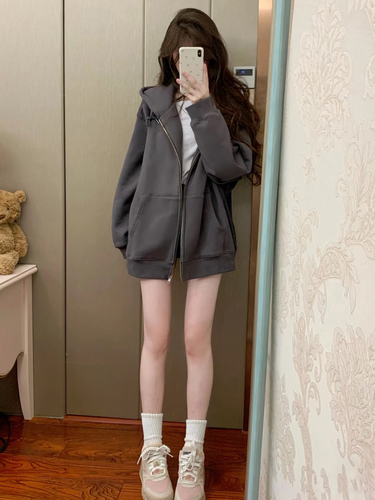 美式复古连帽卫衣外套女春夏2025新款高级感宽松拉链开衫薄款上衣