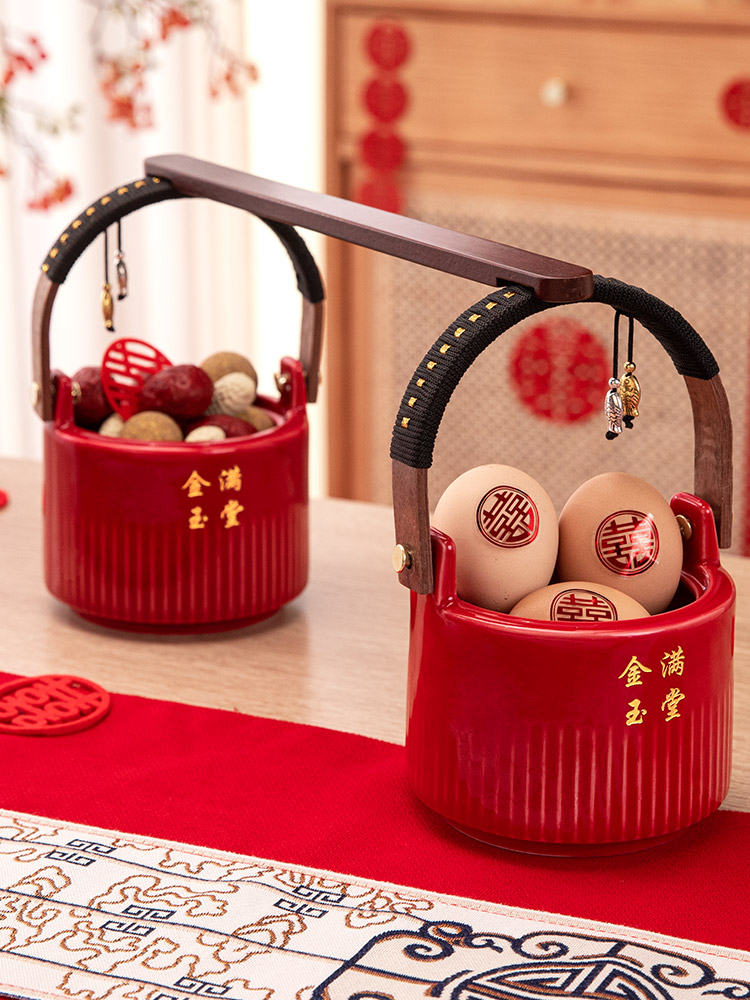 子孙桶结婚一对女方出嫁娘家嫁妆红色陶瓷喜庆桶摆件陪嫁用品大全
