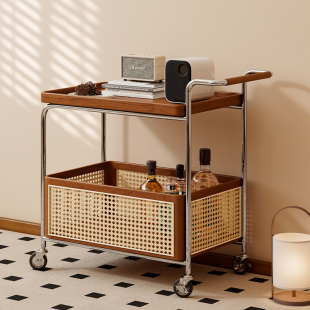 实木可移动边几收纳中古小推车客厅沙发储物置物架藤编简约餐车