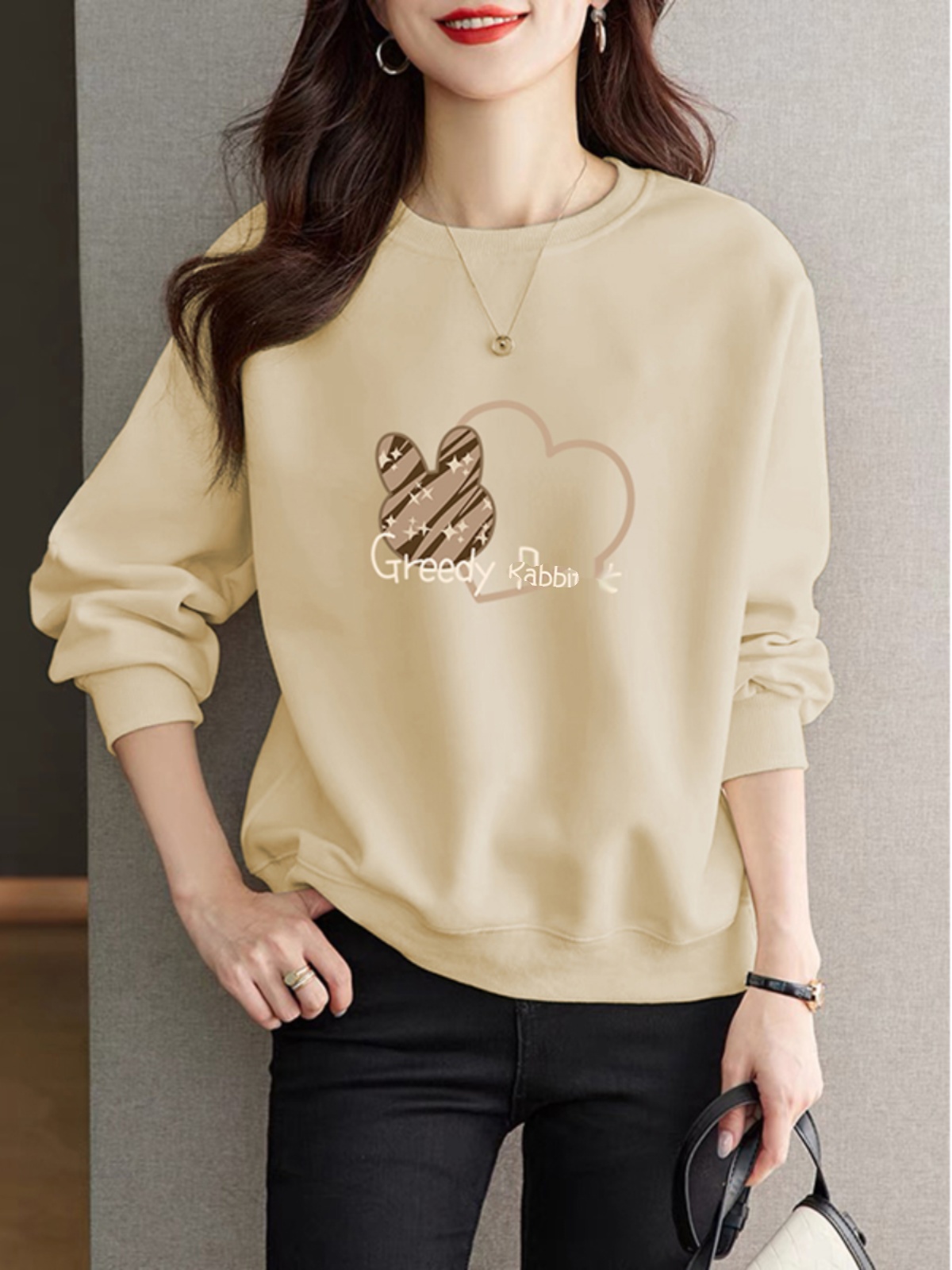 2025年新款美式复古卡通印花洋气杏色加厚加绒卫衣女圆领上衣秋冬