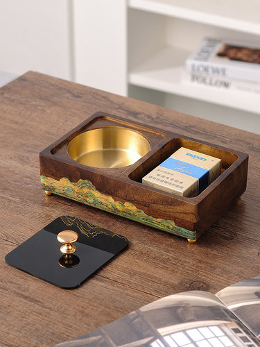 实木雪茄烟灰缸高级感防飞灰商用办公室家用客厅酒店中式带盖大号