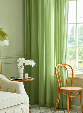 绿色纱帘清新浪漫客厅飘窗窗帘纱帘卧室穿杆帘免打孔绿色复古窗帘