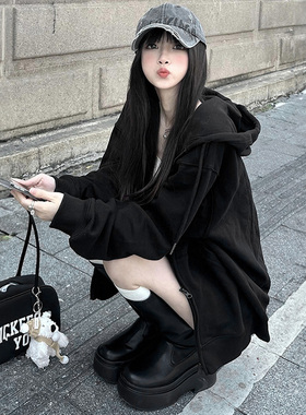 黑色连帽卫衣外套女早春薄款2025新款爆款开衫加绒宽松秋冬季上衣