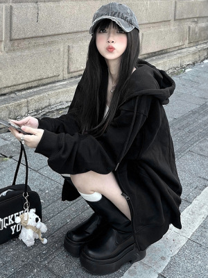 黑色连帽卫衣外套女早春薄款2025新款爆款开衫加绒宽松秋冬季上衣