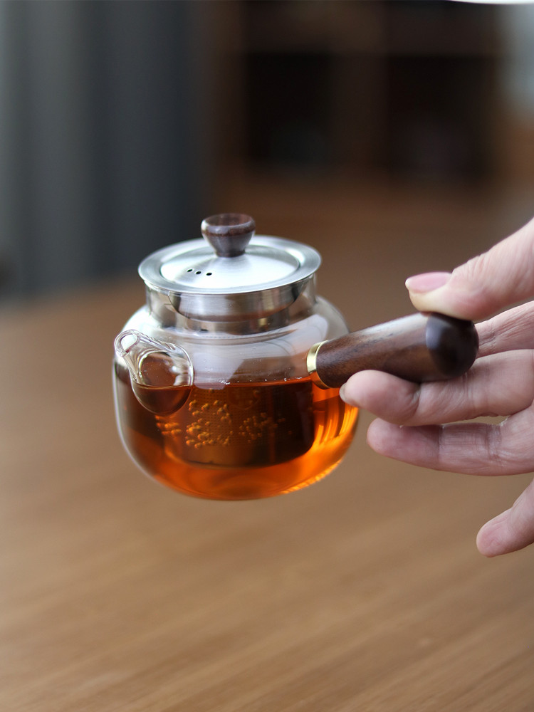 小容量220ml实木侧把泡茶壶304内胆过滤小泡壶耐高温玻璃迷你茶壶