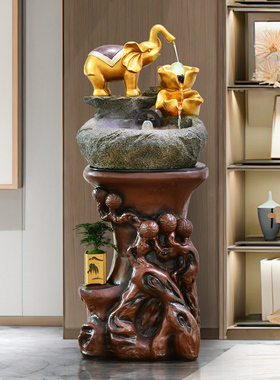 中式大象流水喷泉客厅加湿器景观风水轮招财开业礼物家居装饰摆件
