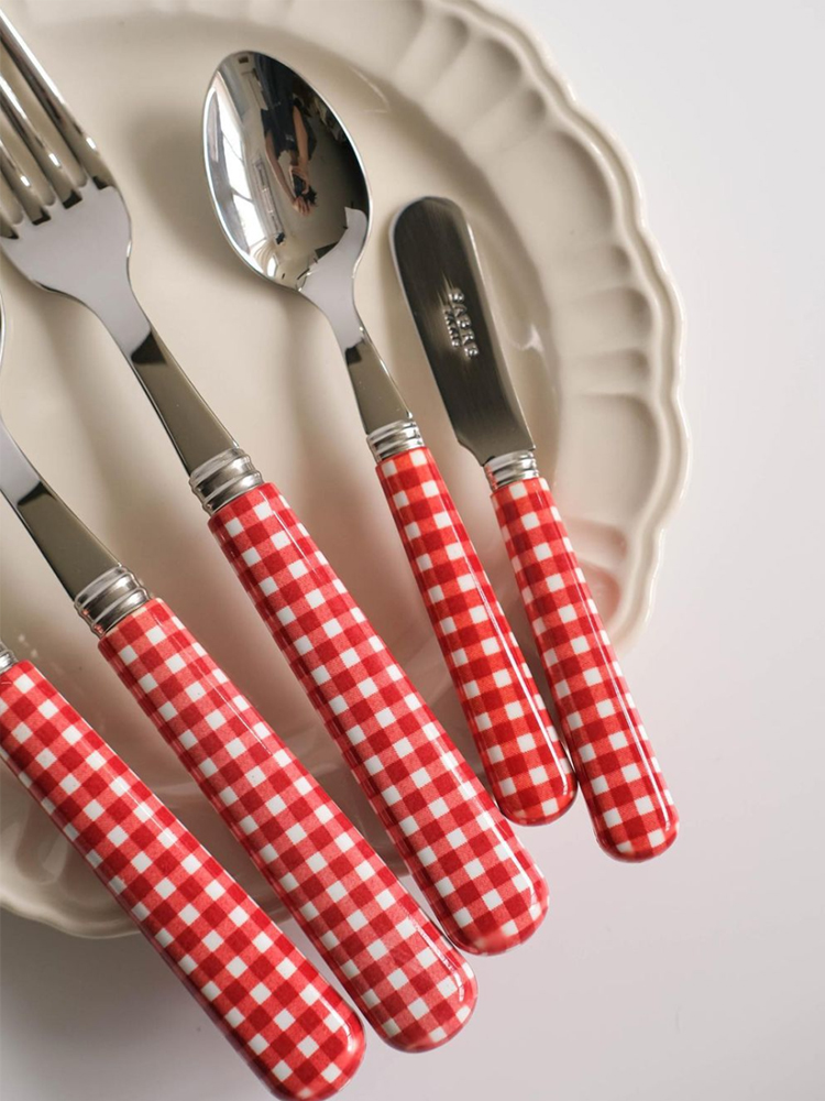Sabre Paris餐具红色格子礼物西餐具不锈钢刀叉勺子汤勺甜点叉子