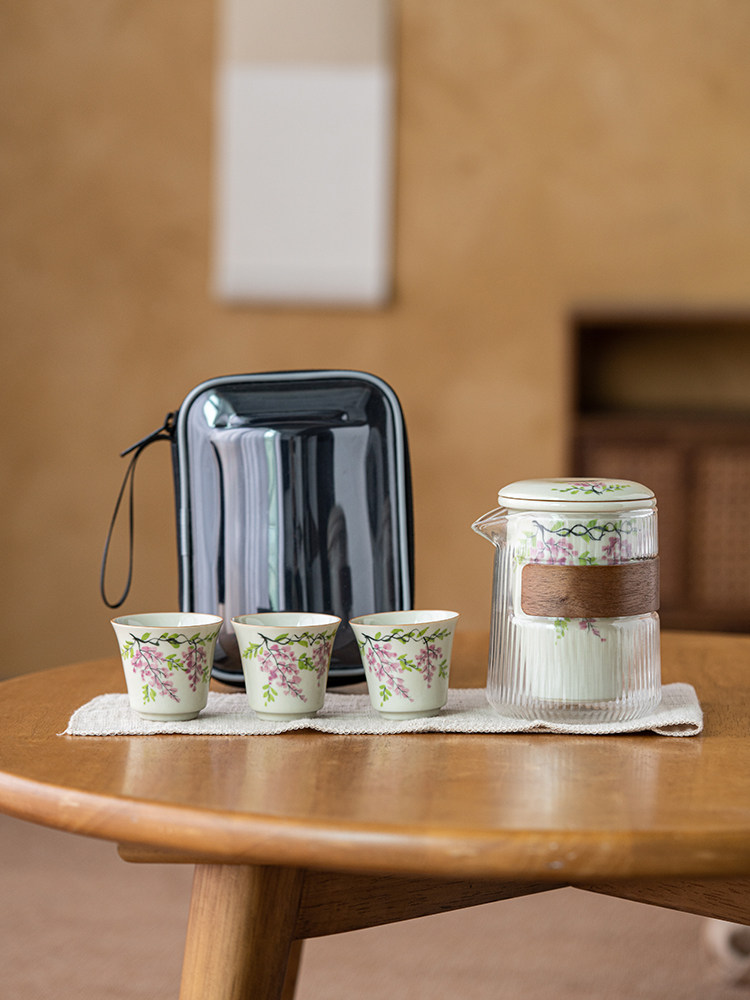手绘紫藤花户外旅行茶具套装便携式包玻璃快客杯一壶三杯陶瓷内胆,餐饮具,旅行茶具,淘宝优惠券,粉丝福利购,淘宝优惠卷