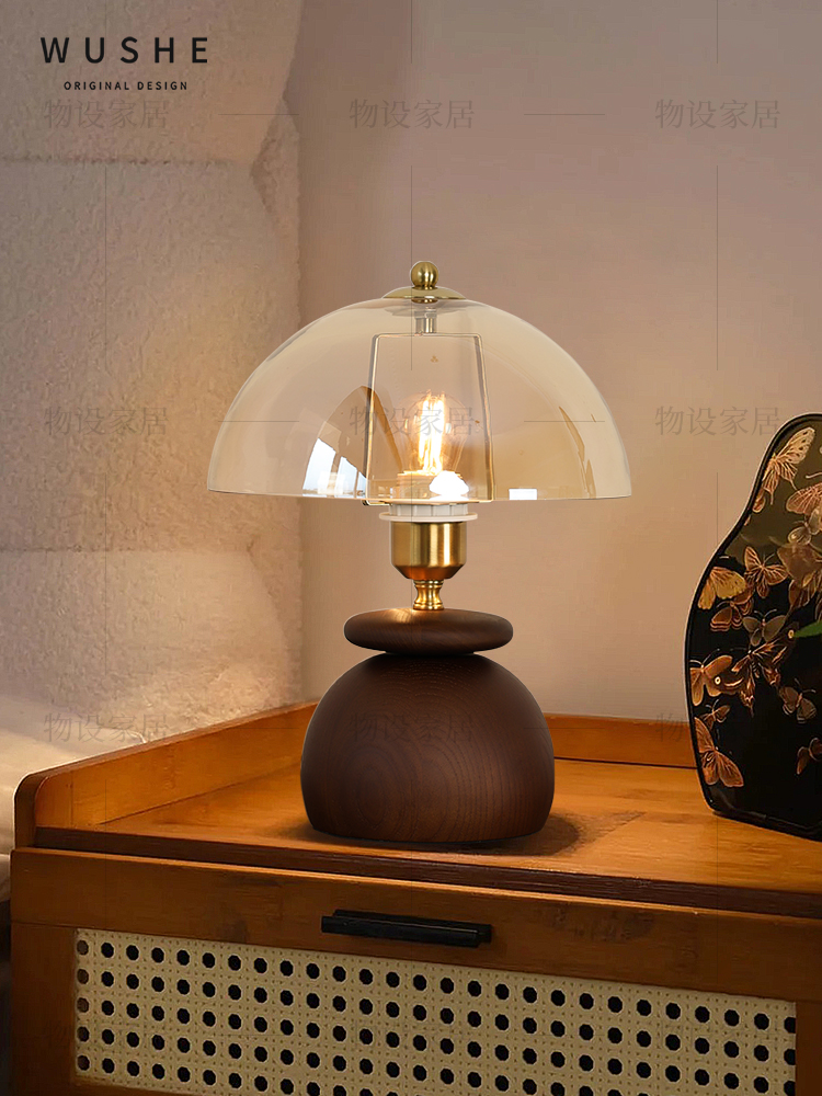 中古风台灯卧室床头灯蘑菇创意灯日式侘寂民宿书房实木装饰氛围灯