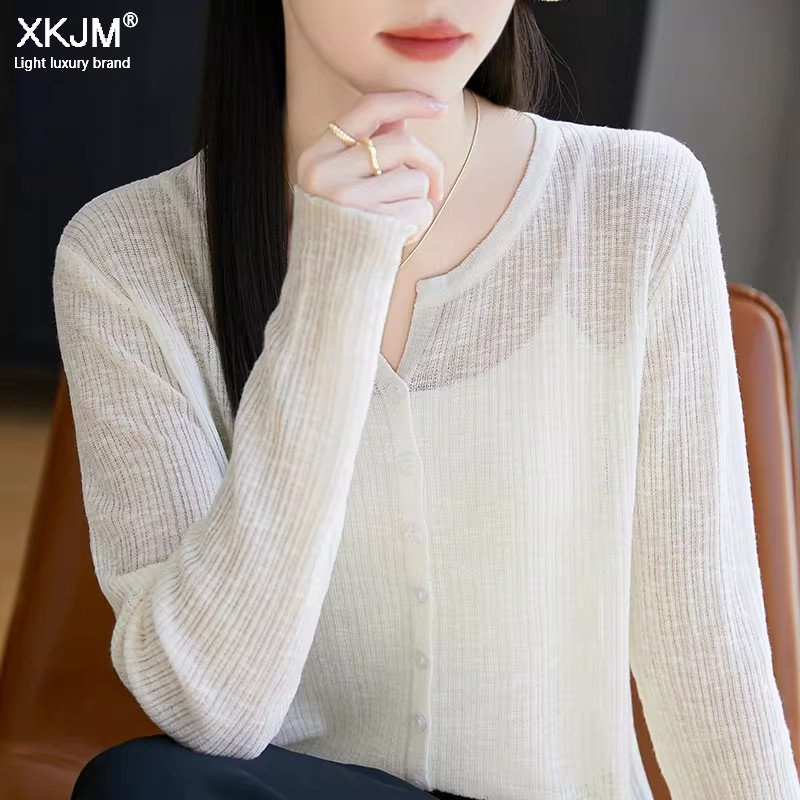 极简风薄款针织开衫女2026夏季新款长袖V领防晒空调衫外搭上衣女