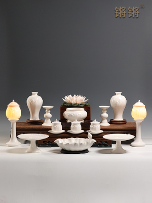 锵锵陶瓷浮莲白瓷佛具套装供佛香炉圣水杯供佛灯供奉家用佛前摆件