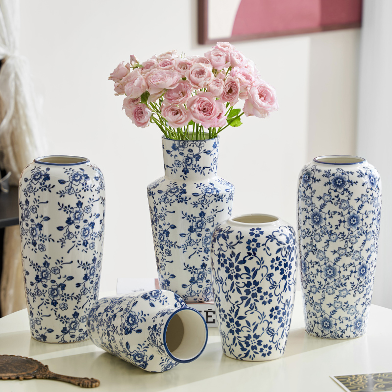 新中式高级感青花瓷复古花瓶陶瓷插花水养鲜花器客厅玄关装饰摆件