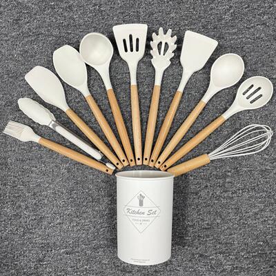 白色硅胶厨具套装木柄硅胶厨具11件套装kitchenware kitchen set